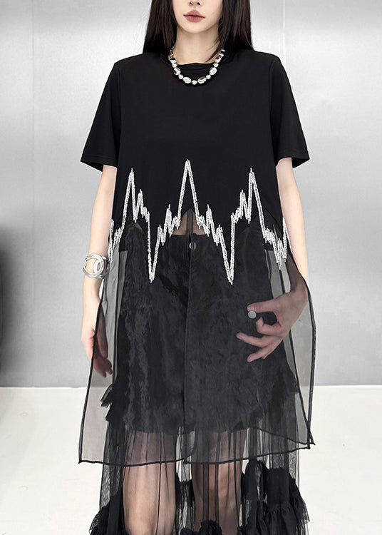 New Black O Neck Sequins Patchwork Cotton T Shirt Dress Summer