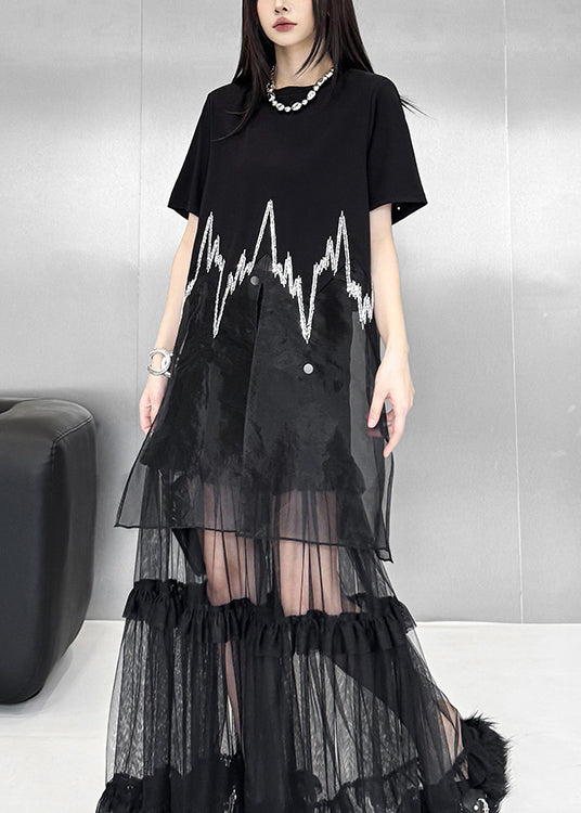 New Black O Neck Sequins Patchwork Cotton T Shirt Dress Summer