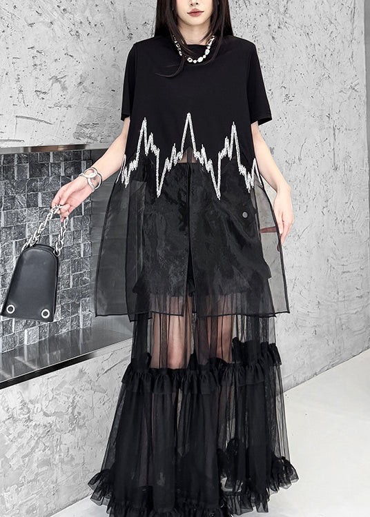 New Black O Neck Sequins Patchwork Cotton T Shirt Dress Summer