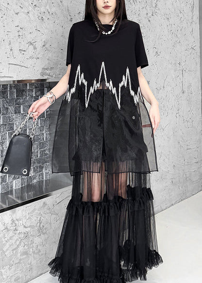 New Black O Neck Sequins Patchwork Cotton T Shirt Dress Summer