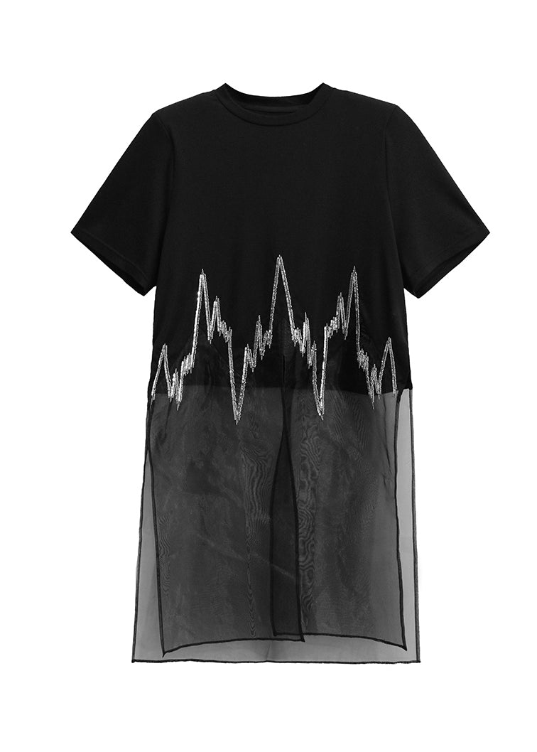 New Black O Neck Sequins Patchwork Cotton T Shirt Dress Summer