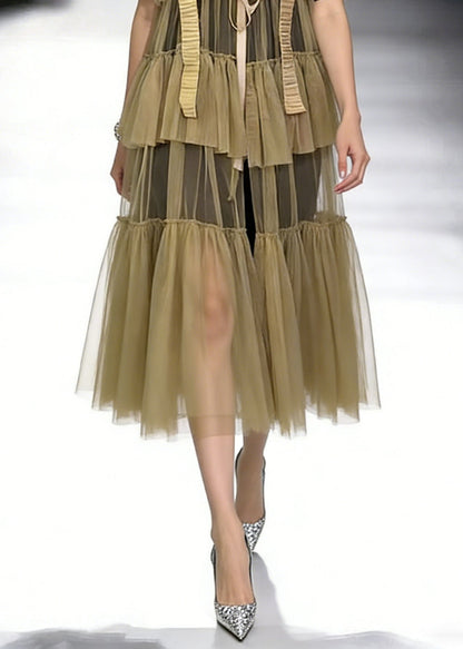 New Black O-Neck T Shirt And Khaki Wrinkled Tulle Dress Two Pieces Set Summer