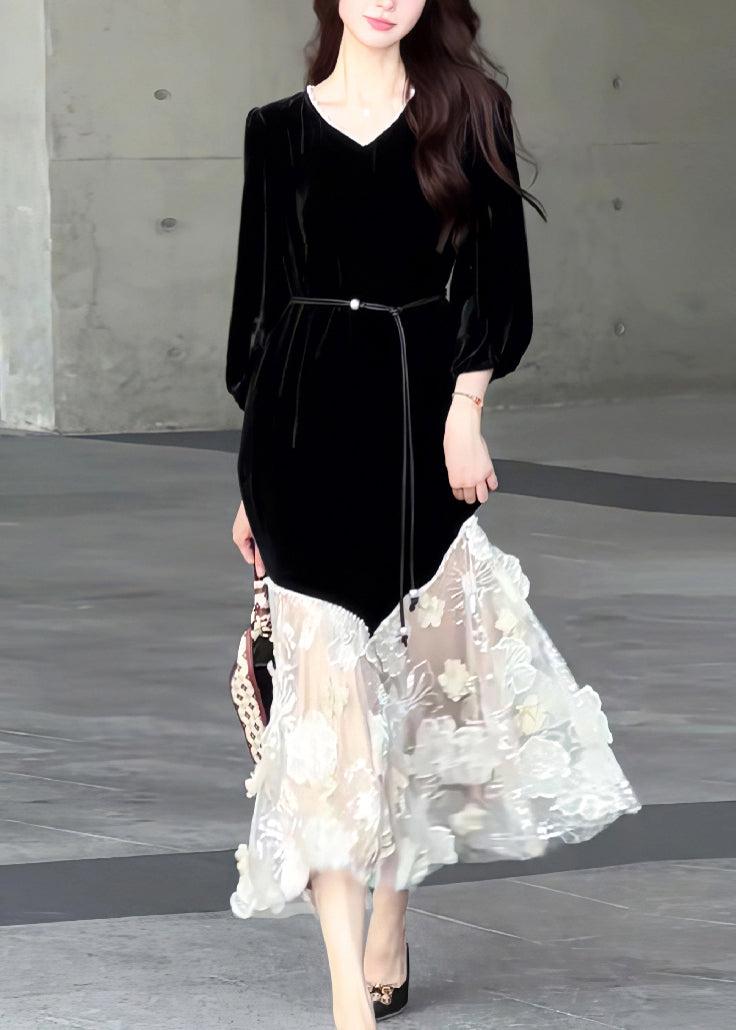 New Black O Neck Tulle Patchwork Velvet Long Dresses Spring