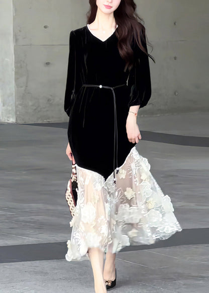 New Black O Neck Tulle Patchwork Velvet Long Dresses Spring