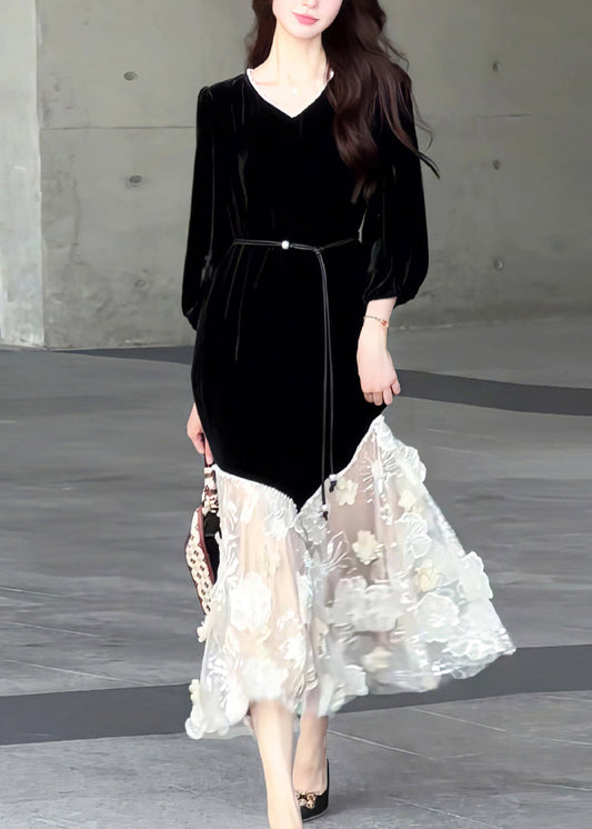 New Black O Neck Tulle Patchwork Velvet Long Dresses Spring