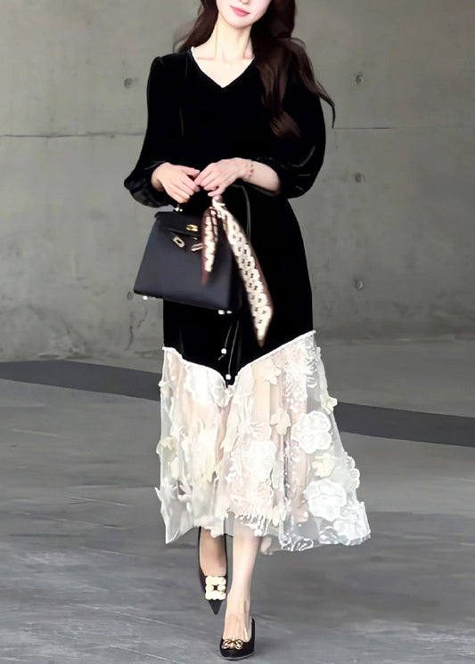 New Black O Neck Tulle Patchwork Velvet Long Dresses Spring