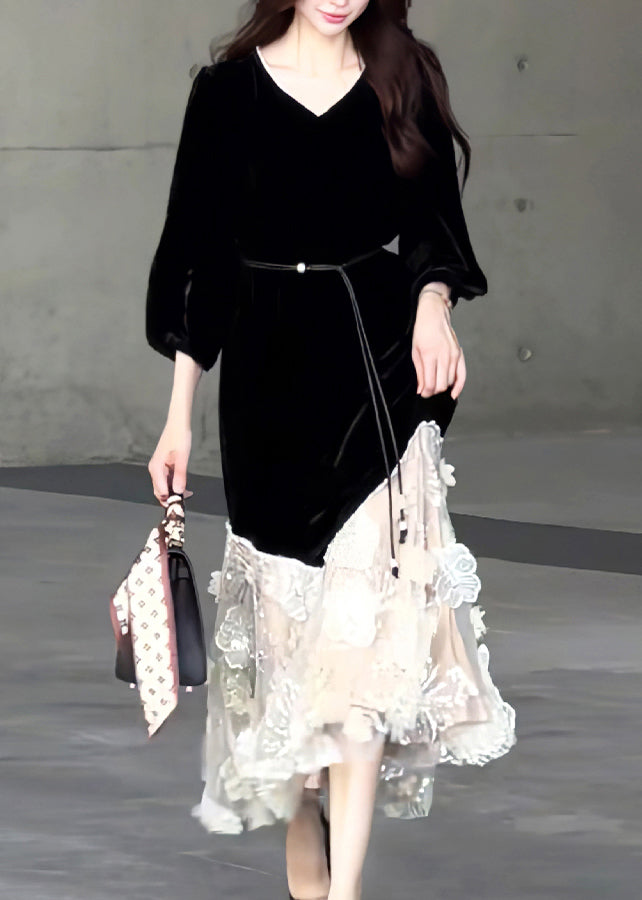 New Black O Neck Tulle Patchwork Velvet Long Dresses Spring