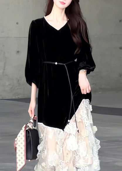 New Black O Neck Tulle Patchwork Velvet Long Dresses Spring