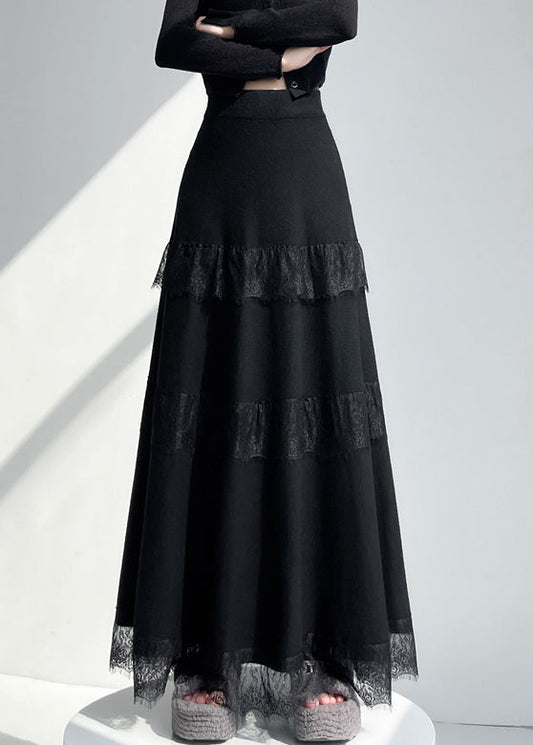 New Black Original Design Lace Patchwork Knit A Line Skirts