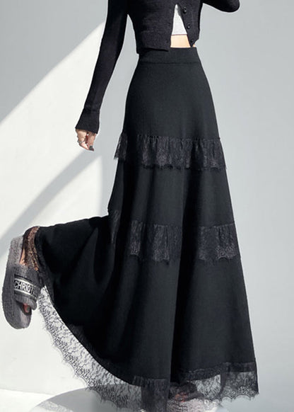 New Black Original Design Lace Patchwork Knit A Line Skirts