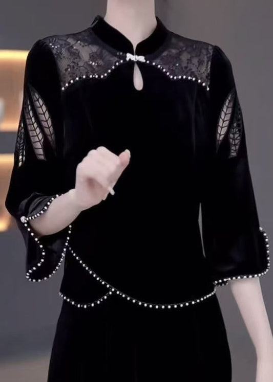 New Black Pearl Hollow Out False Two Pieces Silk Velvet Dresses Bracelet Sleeve