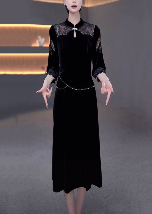 New Black Pearl Hollow Out False Two Pieces Silk Velvet Dresses Bracelet Sleeve