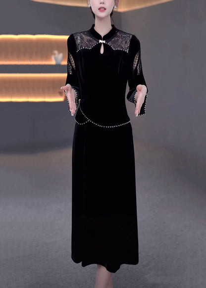New Black Pearl Hollow Out False Two Pieces Silk Velvet Dresses Bracelet Sleeve