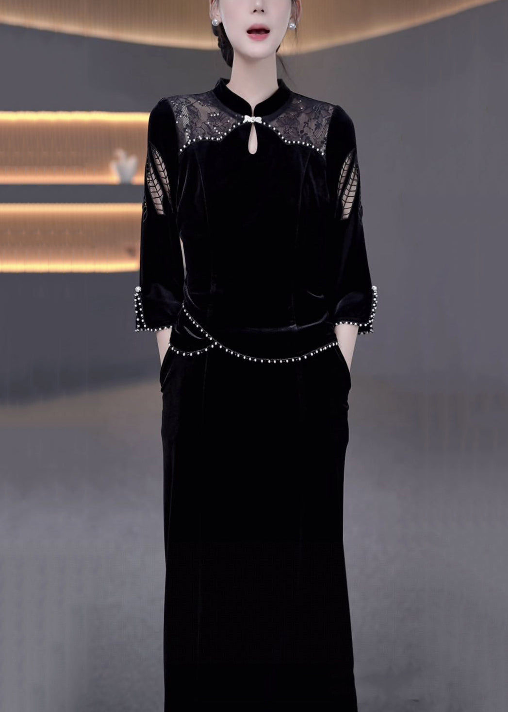 New Black Pearl Hollow Out False Two Pieces Silk Velvet Dresses Bracelet Sleeve