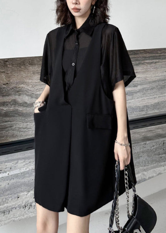 New Black Peter Pan Collar False Two Pieces Patchwork Dresses Summer