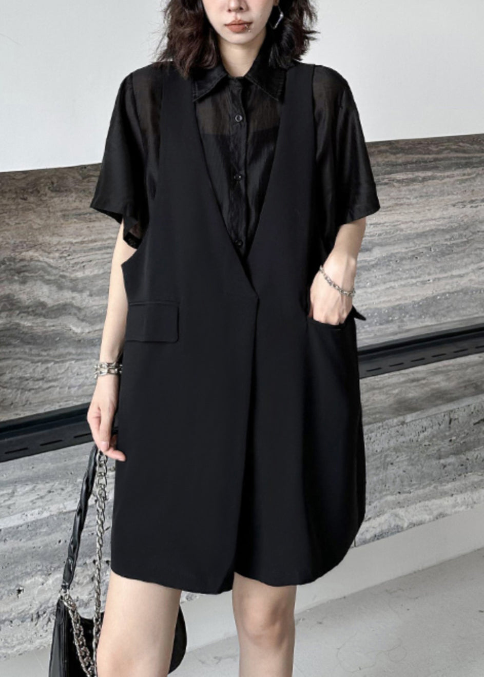 New Black Peter Pan Collar False Two Pieces Patchwork Dresses Summer