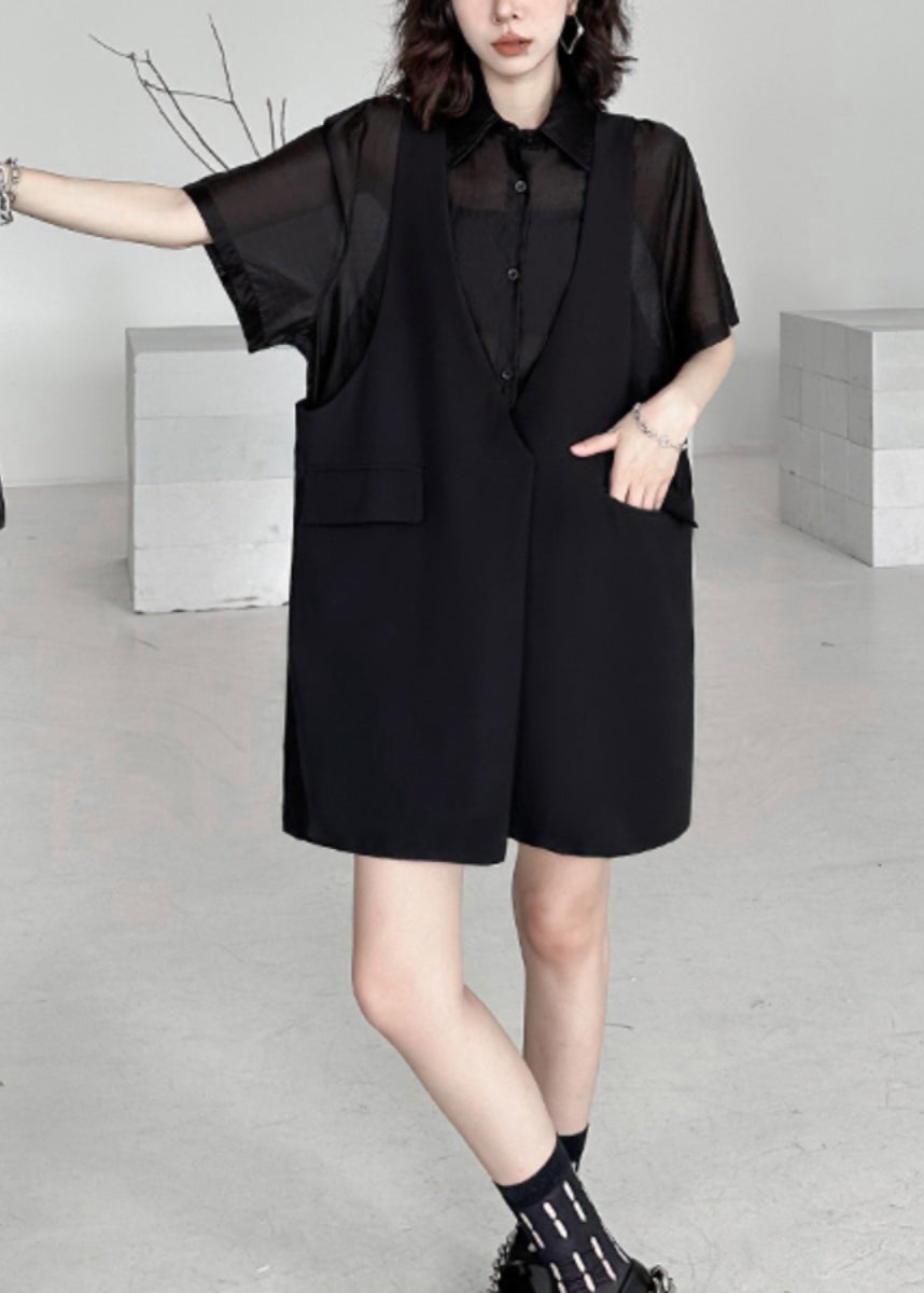 New Black Peter Pan Collar False Two Pieces Patchwork Dresses Summer