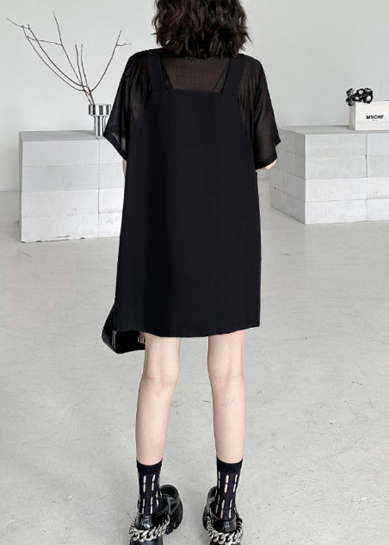 New Black Peter Pan Collar False Two Pieces Patchwork Dresses Summer