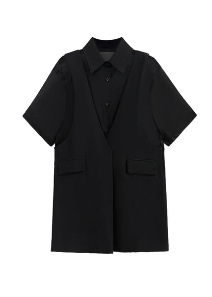 New Black Peter Pan Collar False Two Pieces Patchwork Dresses Summer