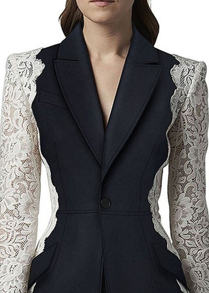 New Black Peter Pan Collar Lace Patchwork Cotton Suit Coats Fall