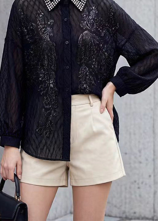 New Black Peter Pan Collar Nail Bead Sequins Shirt Tops Spring