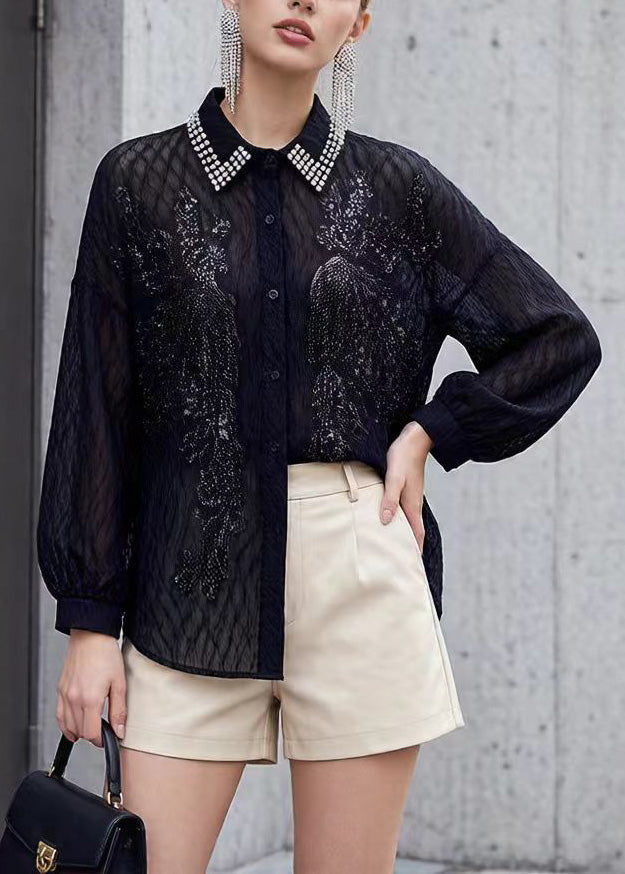 New Black Peter Pan Collar Nail Bead Sequins Shirt Tops Spring