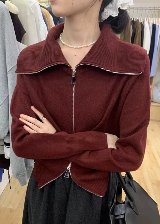 New Black Peter Pan Collar Zip Up Knit Sweater Spring