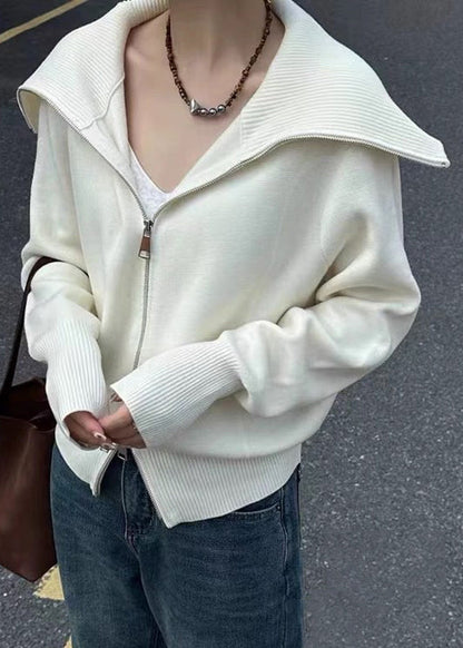 New Black Peter Pan Collar Zip Up Knit Sweater Spring