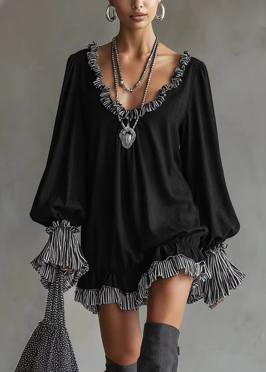 New Black Ruffled Patchwork Cotton Mid Dress Fall