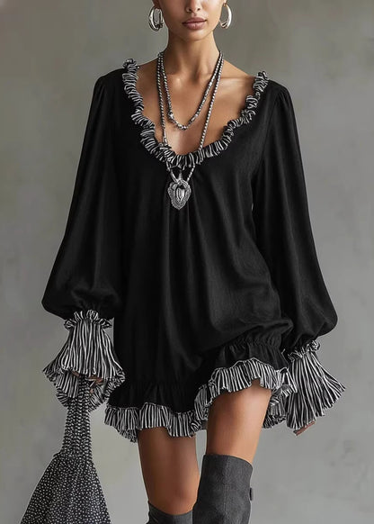 New Black Ruffled Patchwork Cotton Mid Dress Fall