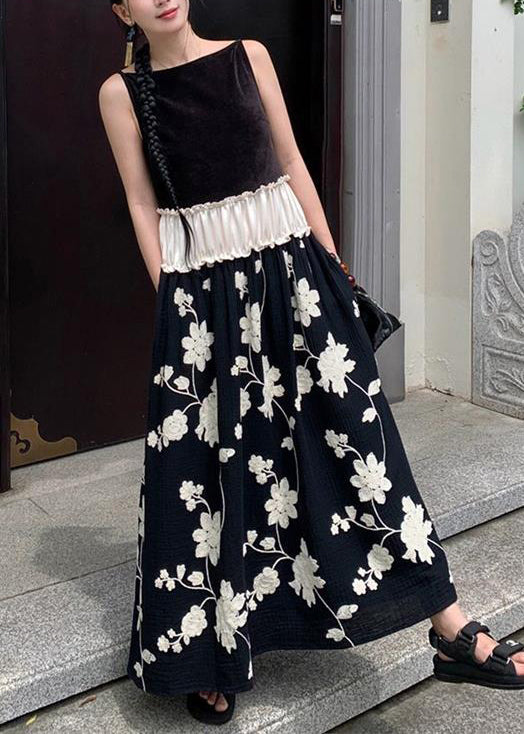 New Black Ruffled Print Patchwork Cotton Long Dress Sleeveless