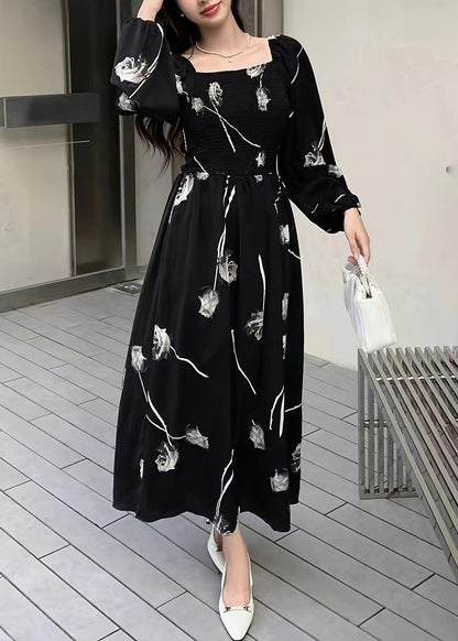 New Black Square Collar Print Cotton Long Dress Spring