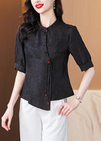New Black Stand Collar Button Silk Shirt Half Sleeve