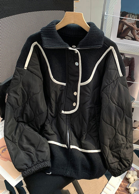 New Black Stand Collar Zip Up Knit Parka Winter