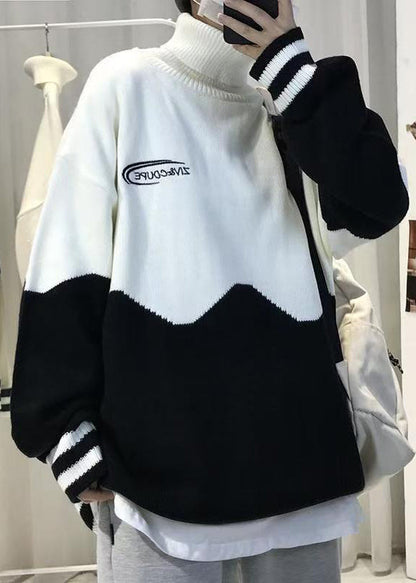 New Black Turtleneck Patchwork Knit Mens Sweaters Winter