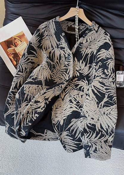 New Black V Neck Button Print Cotton Coats Fall
