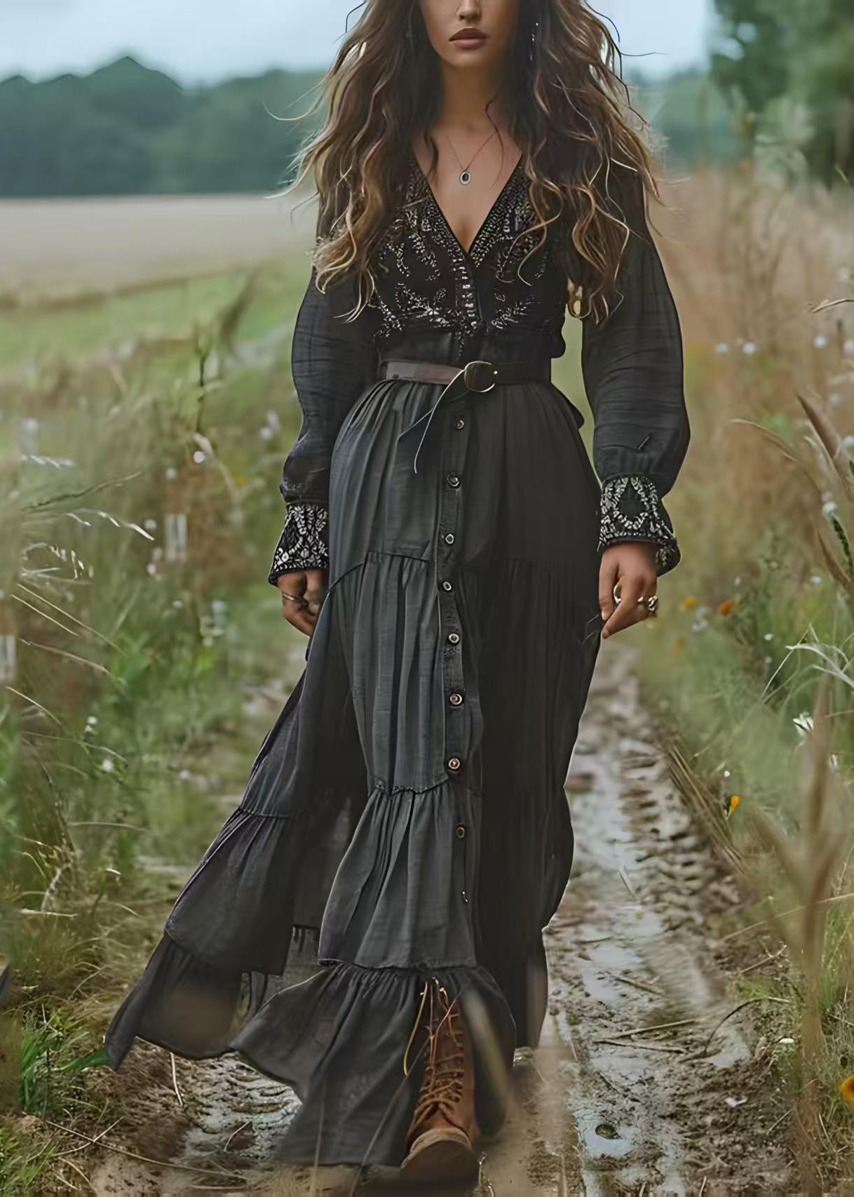 New Black V Neck Button Wrinkled Patchwork Cotton Dress Spring