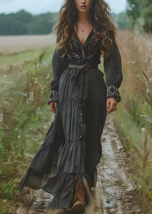 New Black V Neck Button Wrinkled Patchwork Cotton Dress Spring