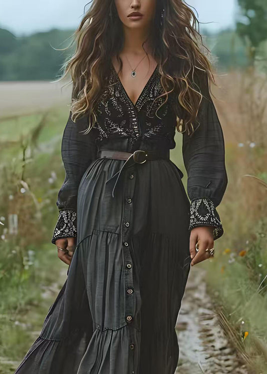 New Black V Neck Button Wrinkled Patchwork Cotton Dress Spring