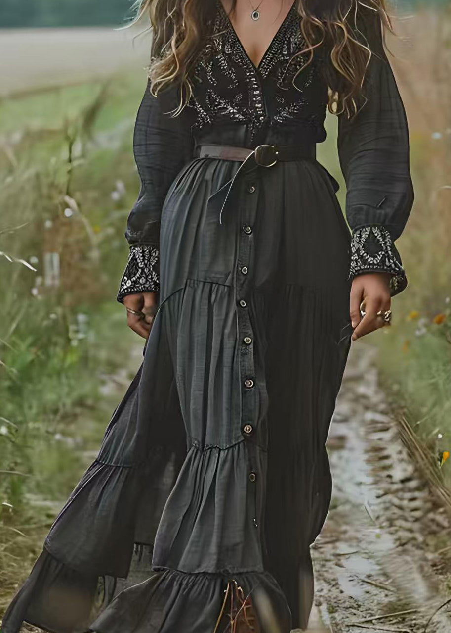 New Black V Neck Button Wrinkled Patchwork Cotton Dress Spring