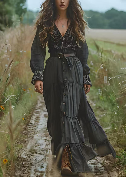 New Black V Neck Button Wrinkled Patchwork Cotton Dress Spring