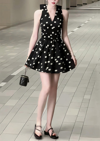 New Black V Neck Dot Bow Cotton Mid Dress Sleeveless