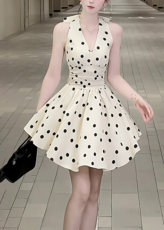 New Black V Neck Dot Bow Cotton Mid Dress Sleeveless