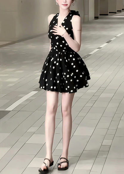 New Black V Neck Dot Bow Cotton Mid Dress Sleeveless