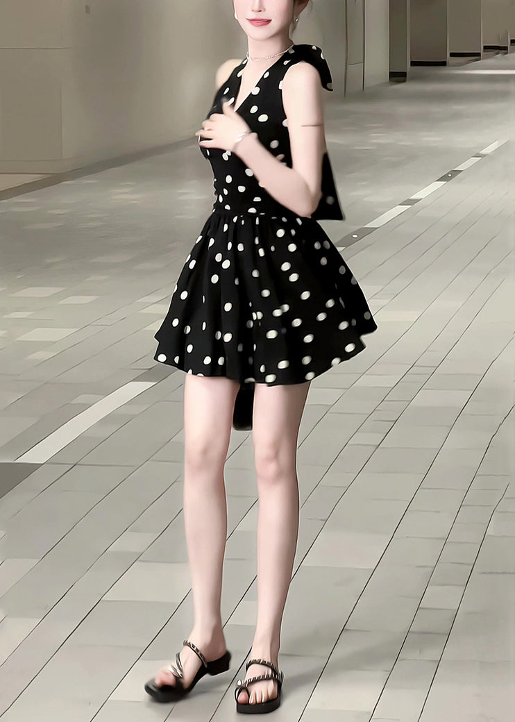 New Black V Neck Dot Bow Cotton Mid Dress Sleeveless