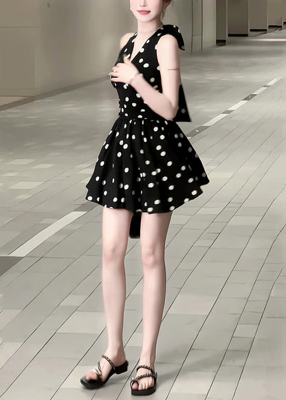 New Black V Neck Dot Bow Cotton Mid Dress Sleeveless