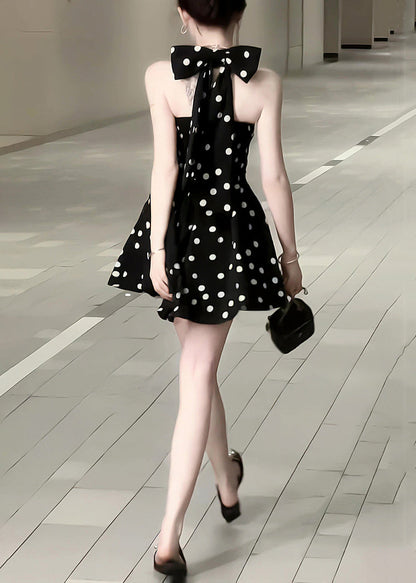 New Black V Neck Dot Bow Cotton Mid Dress Sleeveless