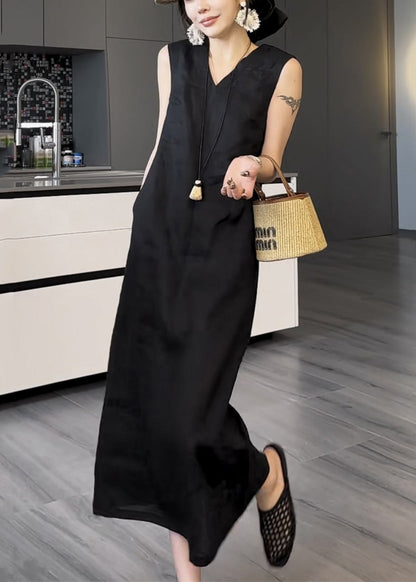 New Black V Neck Pockets Solid Cotton Long Dress Sleeveless