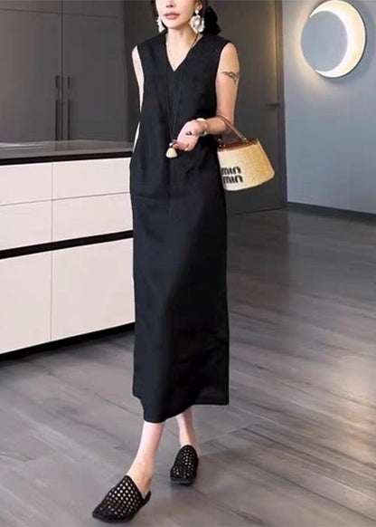 New Black V Neck Pockets Solid Cotton Long Dress Sleeveless