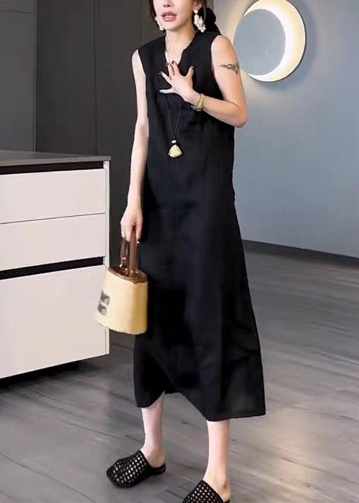 New Black V Neck Pockets Solid Cotton Long Dress Sleeveless